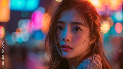 An Asian model with an innocent face, standing at a city intersection at night, her features softly illuminated by the glow of neon signs, the bustling nightlife creating a lively backdrop.