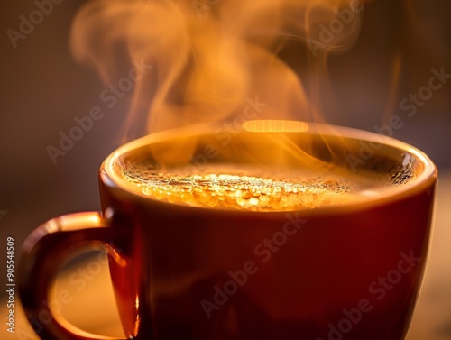 Closeup of a steaming cup of coffee with a red mug.  The coffee is dark and rich, and the steam is rising up in a swirl. photo