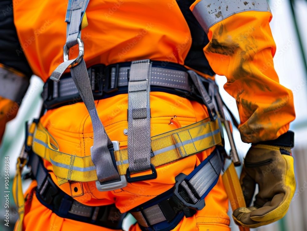 Close-up of a worker wearing a safety harness and gloves. The harness is secured around the worker's waist and chest. The worker is wearing an orange safety suit. Close-up of a worker wearing a safety harness and gloves. The harness is secured around the worker's waist and chest. The worker is wearing an orange safety suit.