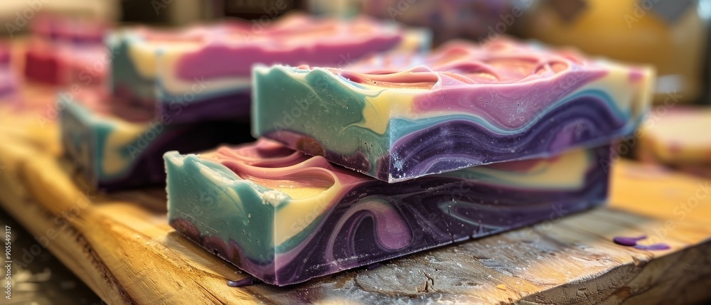 Close-up of colorful, handmade soap bars on wooden surface. Close-up of colorful, handmade soap bars on wooden surface.