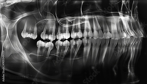 Panoramic view of a digital OPG X-ray film, highlighting wisdom teeth with sharp clarity.