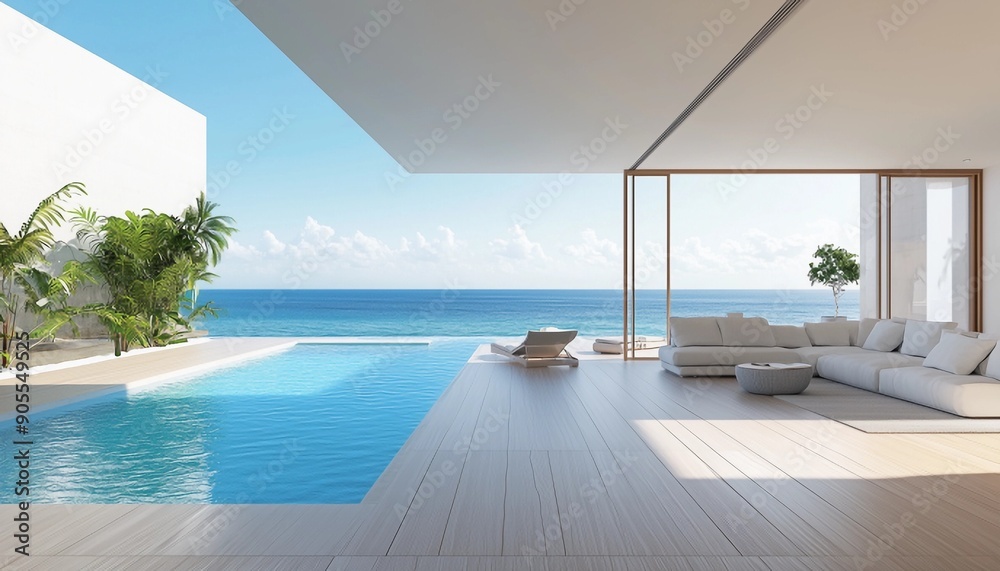 Sea view empty large living room of luxury summer beach house with swimming pool near wooden terrace. Big white wall background in vacation home or holiday villa. Hotel interior 3d illustration. Sea view empty large living room of luxury summer beach house with swimming pool near wooden terrace. Big white wall background in vacation home or holiday villa. Hotel interior 3d illustration.