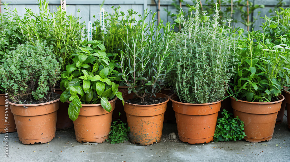 A row of pots filled with different herbs such as rosemary, basil, and thyme, perfect for a home garden or culinary use. A row of pots filled with different herbs such as rosemary, basil, and thyme, perfect for a home garden or culinary use.