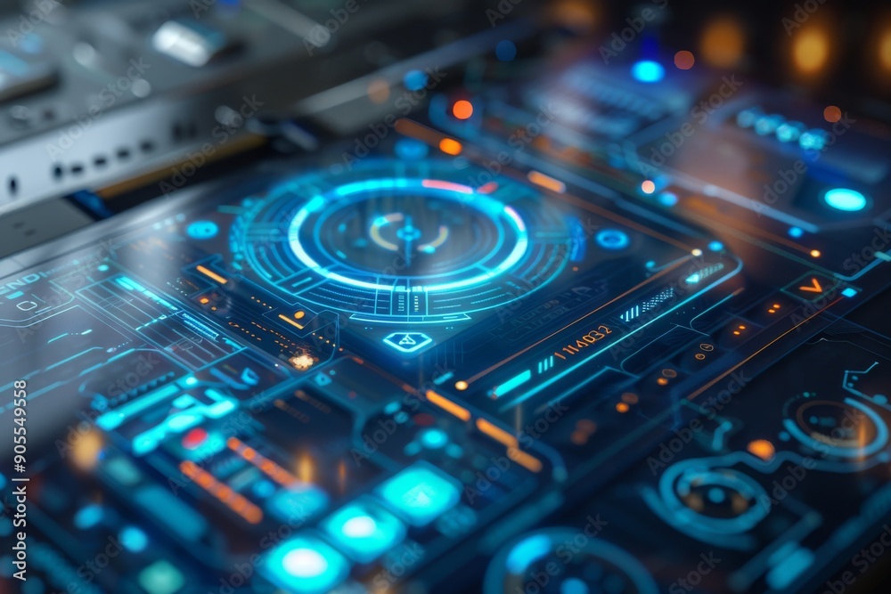 Close-up of futuristic digital interface with glowing blue circle and abstract circuitry. Close-up of futuristic digital interface with glowing blue circle and abstract circuitry.
