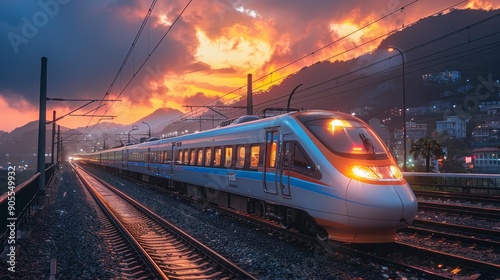 Train Traveling Along Tracks at Sunset With Dramatic Cloudy Sky and Mountain View