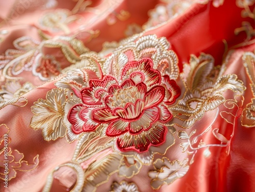 Close-up of intricate floral embroidery on a red fabric, showcasing traditional Chinese craftsmanship.