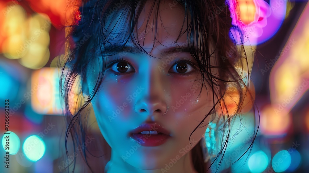 A close-up shot of an Asian model with an innocent face, her features softly illuminated by the glow of neon signs, standing in front of a colorful street market at night,