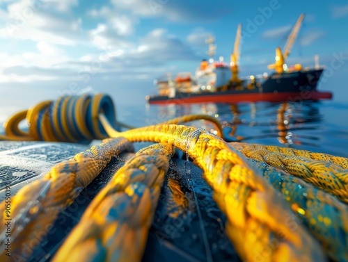 Close-up of thick ropes on a dock with a cargo ship in the background.  The ropes are yellow and blue and the water is calm.  The sky is blue with white clouds. photo