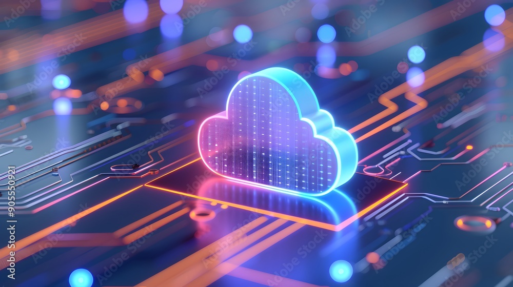 Digital illustration of a glowing cloud icon on a circuit board, symbolizing cloud computing technology and data storage solutions. Digital illustration of a glowing cloud icon on a circuit board, symbolizing cloud computing technology and data storage solutions.