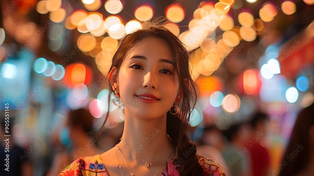 An Asian model with a bright, innocent expression, standing amidst a bustling festival crowd, her vibrant outfit and joyful demeanor capturing the essence of the celebration, An Asian model with a bright, innocent expression, standing amidst a bustling festival crowd, her vibrant outfit and joyful demeanor capturing the essence of the celebration,
