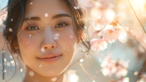 An Asian model with an innocent face and a gentle smile, standing in a cherry blossom grove, petals swirling in the breeze, sunlight creating a warm, golden glow. Springtime joy, peaceful ambiance,