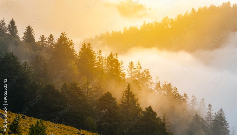 Misty pine forest on the mountain slope in a nature reserve