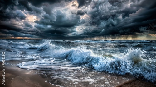 Dramatic stormy seascape with crashing waves and dark clouds.
