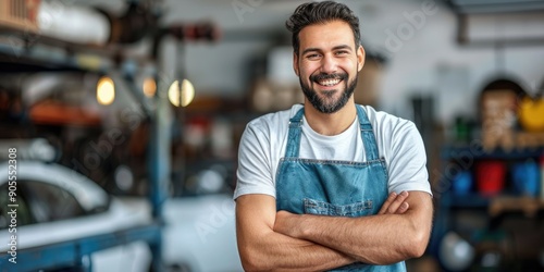 Smiling Car Mechanic in White T-Shirt and Blue Bib Overalls Standing with Arms Crossed in a White Car Garage