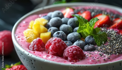 Vibrant Smoothie Bowl with Fresh Berries, Pineapple, Chia Seeds, and Mint Leaves in a Ceramic Bowl