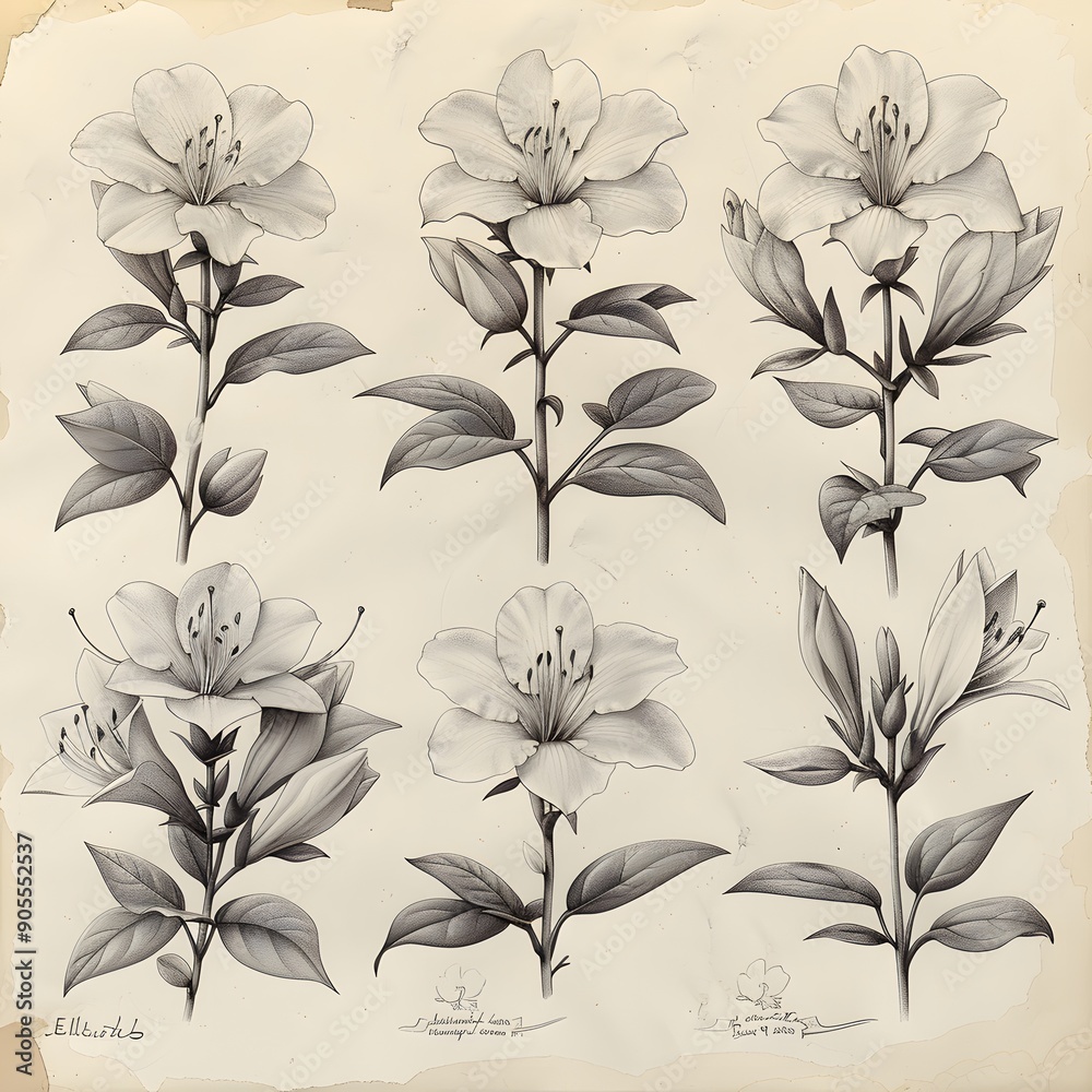 Detailed botanical illustration of lilies in black and white with intricate line work.
