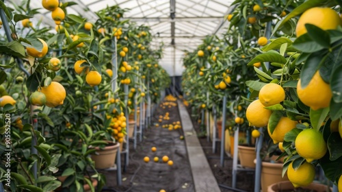 Rows of lemon trees in a greenhouse display ripe fruit, with several lemons scattered on the ground.