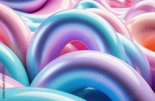 Flat lay of many abstract inflatable bubbly 3d curves and lines, pastel colors. photo