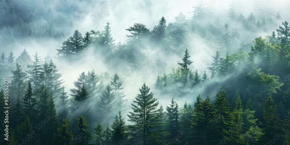 Beautiful view in the hip foggy fir forest in the morning. The generation of AI Beautiful view in the hip foggy fir forest in the morning. The generation of AI