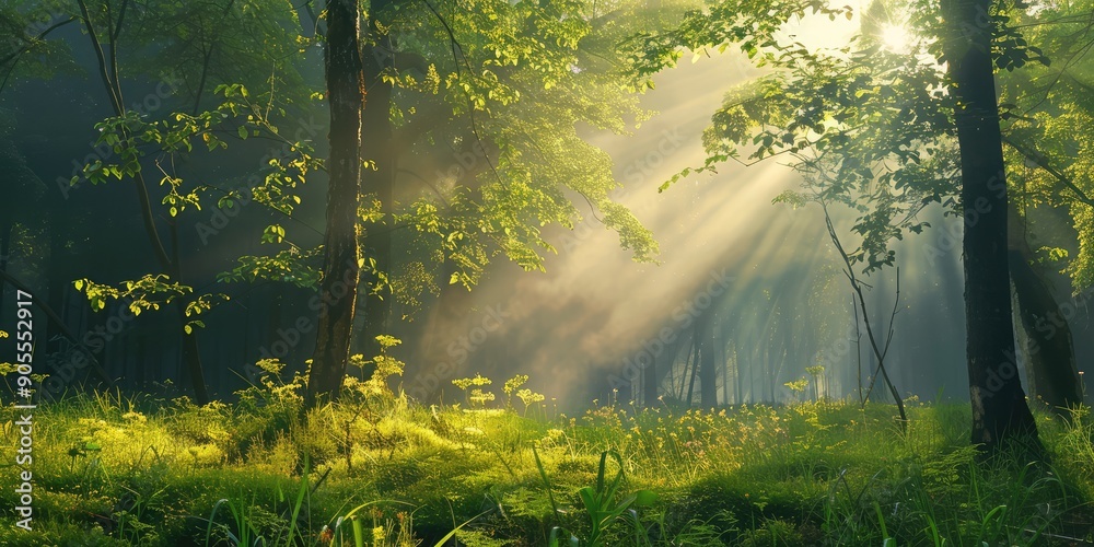 Beautiful morning in a sunny green forest. AI generation Beautiful morning in a sunny green forest. AI generation