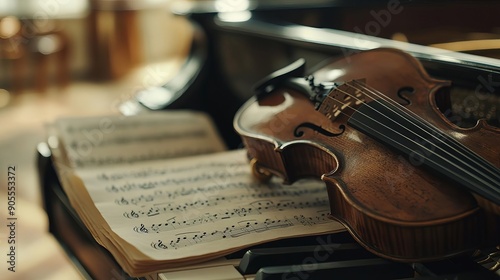 A close-up of a violin resting on sheet music beside a grand piano, capturing the beauty of classical music and artistry.
