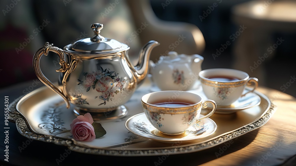 Elegant tea set on a tray with floral design, perfect for afternoon tea gatherings or cozy moments. Elegant tea set on a tray with floral design, perfect for afternoon tea gatherings or cozy moments.