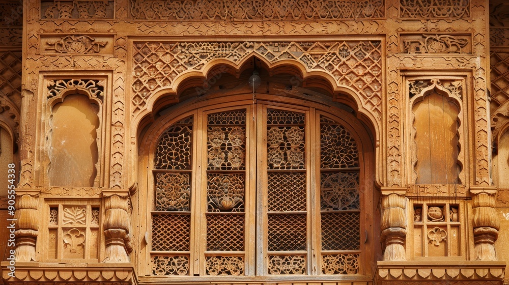 Obraz premium Intricate stone carvings frame a window with ornate latticework on a historic building.