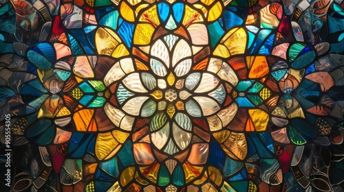 Intricate stained glass window with vibrant colors and a symmetrical pattern. photo