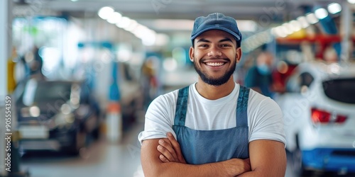 Smiling Car Mechanic in White T-Shirt and Blue Bib Overalls Standing with Arms Crossed in a White Car Garage