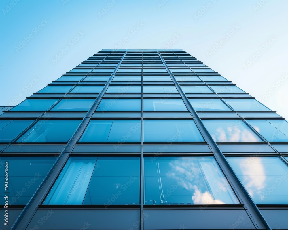 Low angle view of a modern office building with glass facade against blue sky. Low angle view of a modern office building with glass facade against blue sky.