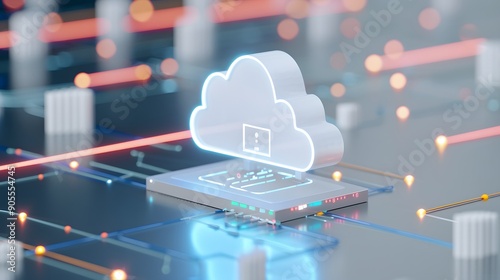 Futuristic cloud computing concept with glowing cloud icon on a circuit board, representing modern data storage technology.