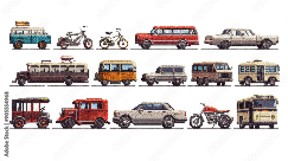 pixel art vehicles collection: retro buses, vans, and motorbikes in ...