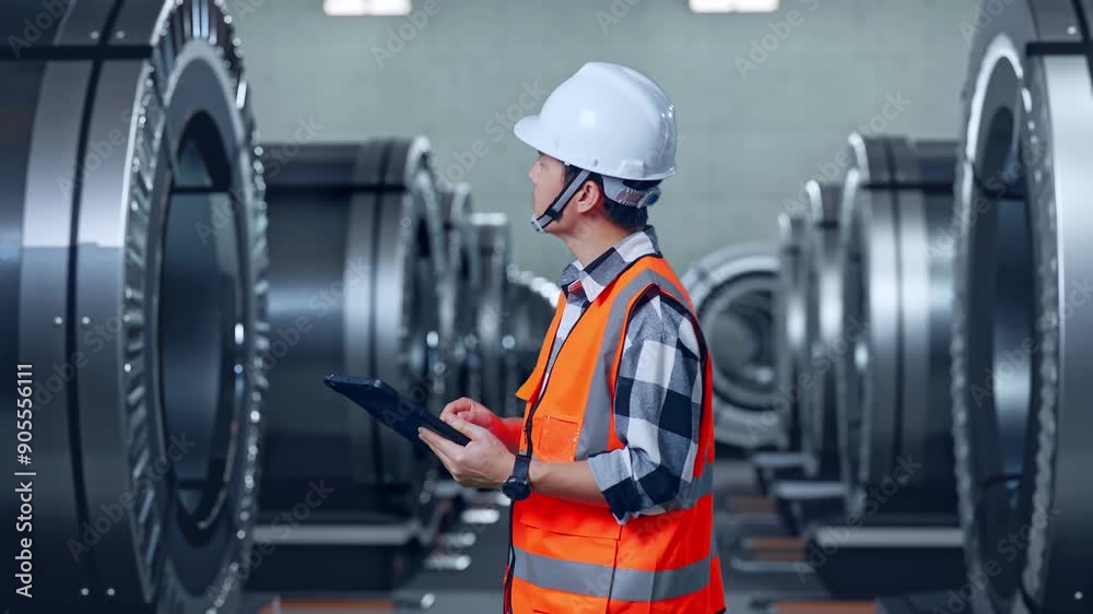 custom made wallpaper toronto digitalSide View Of Asian Male Engineer With Safety Helmet Looking At The Tablet In His Hand And Looking Around While Standing In Metal Factory