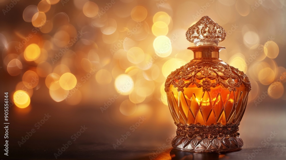 Ornate perfume bottle with golden cap and intricate details against a warm, bokeh background. Ornate perfume bottle with golden cap and intricate details against a warm, bokeh background.