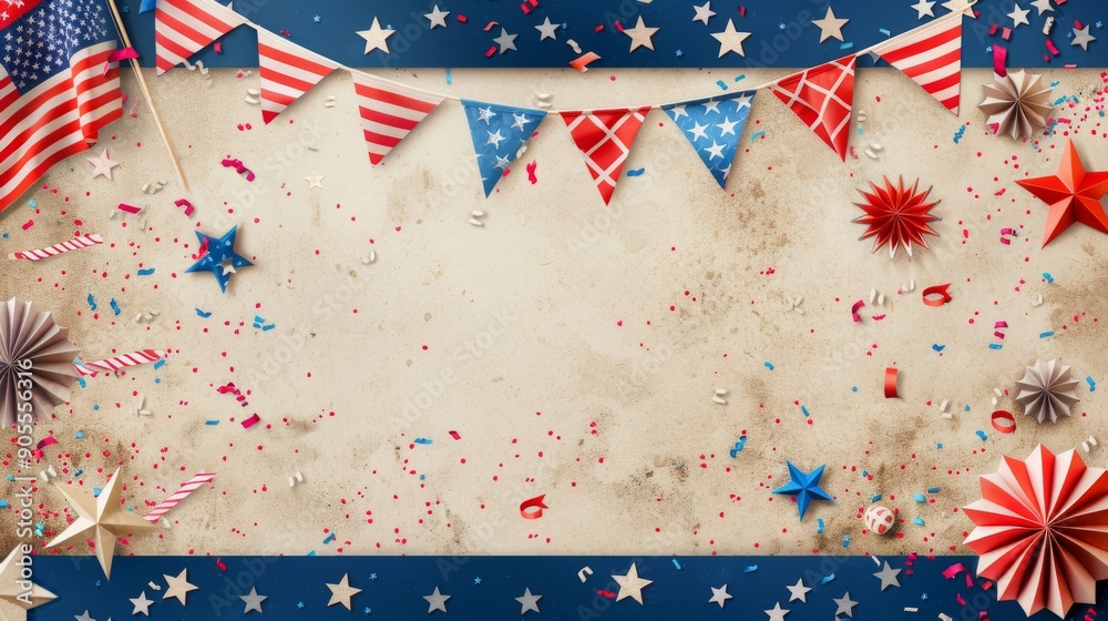 Patriotic American flag bunting and confetti on a rustic background. Patriotic American flag bunting and confetti on a rustic background.