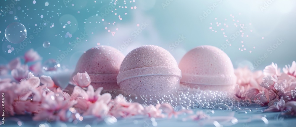 Pink bath bombs on a bed of petals with a soft blue and white background. Pink bath bombs on a bed of petals with a soft blue and white background.