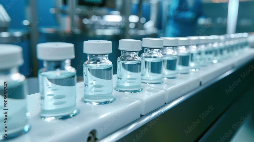 Streamlined production of white medical vials on a conveyor in a sterile pharmaceutical factory ensures precision and safety in drug manufacturing