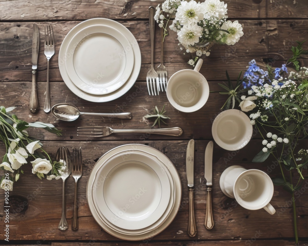 Rustic table setting with white plates, silverware, and fresh flowers. A simple and elegant tablescape. Rustic table setting with white plates, silverware, and fresh flowers. A simple and elegant tablescape.