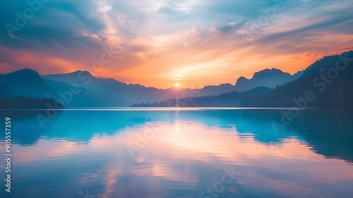 A serene sunset over a tranquil lake with mountains in the background, reflecting vibrant colors in the water.