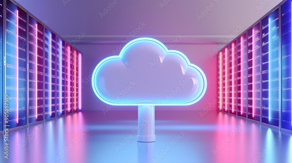 Futuristic cloud computing server room with neon lights, showcasing data storage technology and virtual data management solutions. Futuristic cloud computing server room with neon lights, showcasing data storage technology and virtual data management solutions.