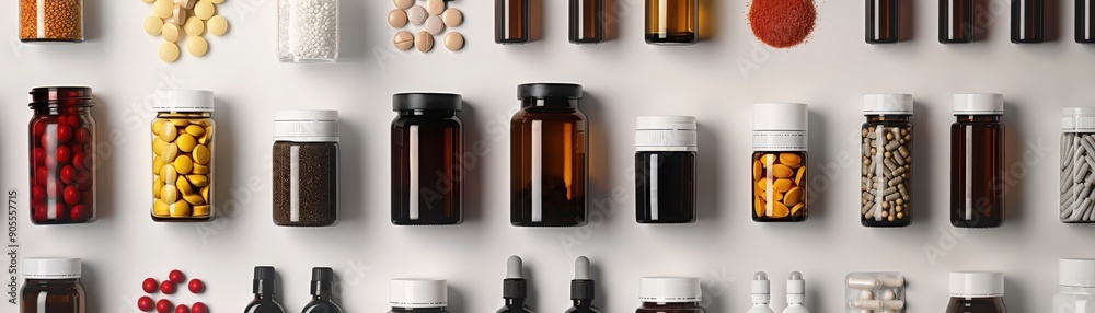 Assorted Pharmaceutical Bottles and Pills Arranged in Rows on a White Background Assorted Pharmaceutical Bottles and Pills Arranged in Rows on a White Background