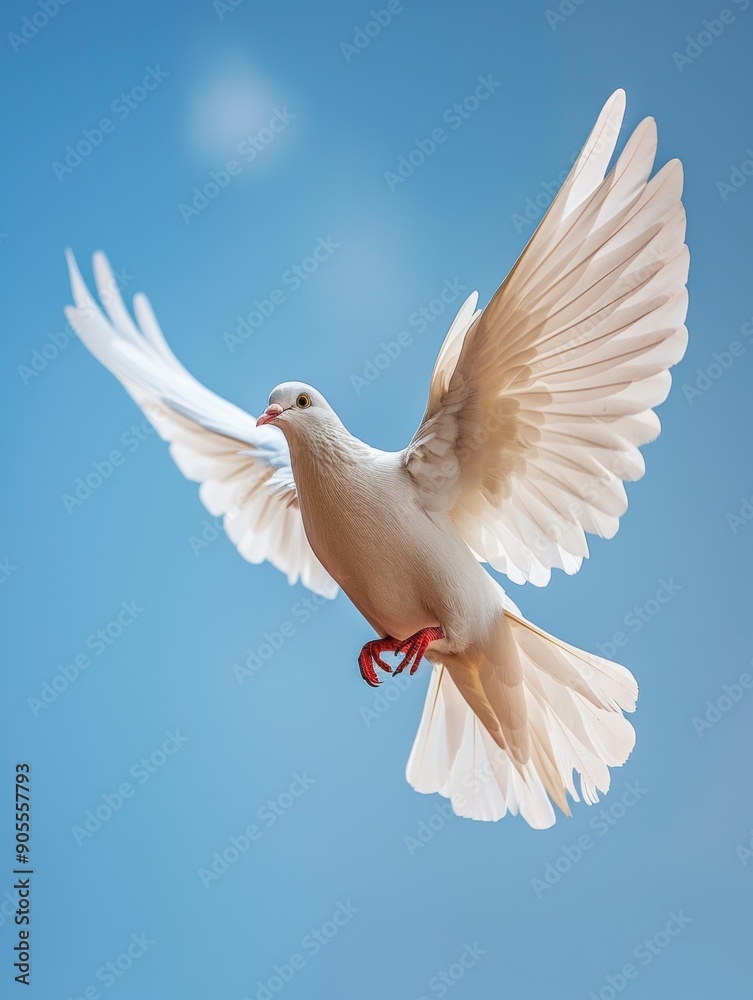 Fototapeta premium Flying dove. White pigeon against blue sky.