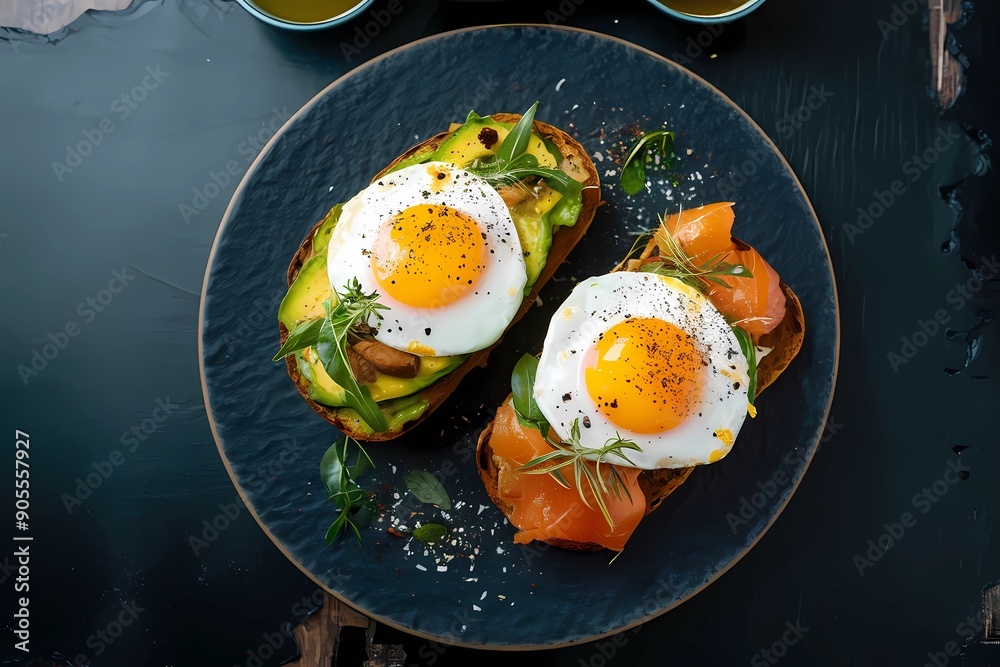 Avocado toast with fried eggs on top, garnished with herbs and spices. Avocado toast with fried eggs on top, garnished with herbs and spices.