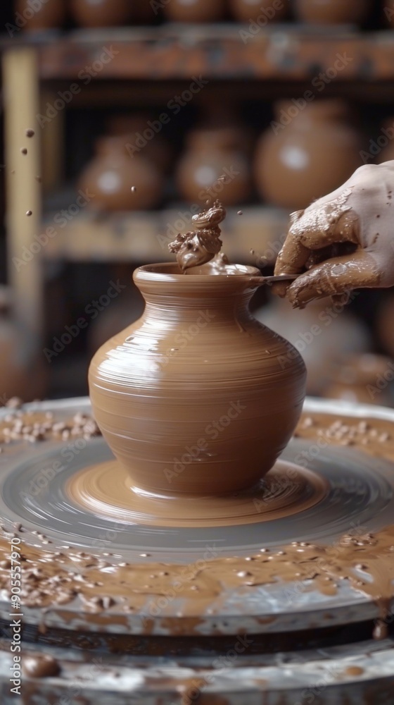 Fototapeta premium Crafting Serenity: A Potter Smoothing the Surface of a Vase on the Potter's Wheel, Embracing the Art of Ceramic Creation.