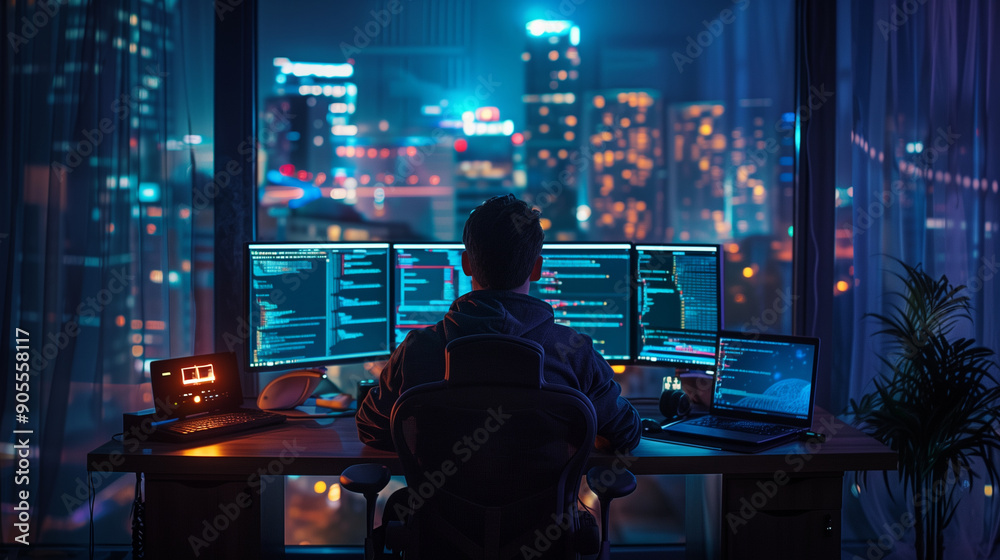 man sitting behind the desk at night, high building office, doing coding on three computer, professional