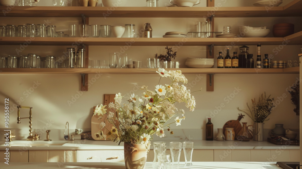 Chic kitchen with a blend of beige shelving, fresh flowers, glass bottles, and personalized accessories. Chic kitchen with a blend of beige shelving, fresh flowers, glass bottles, and personalized accessories.