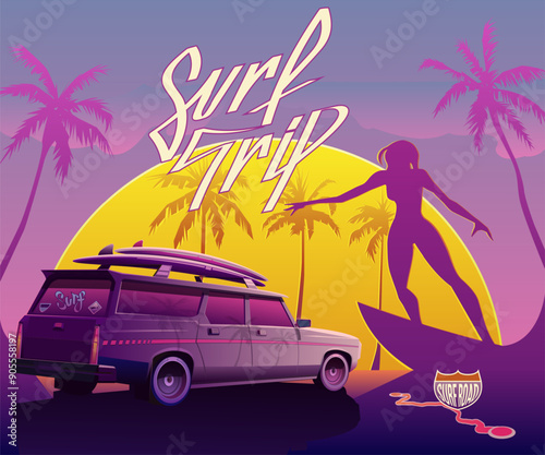 Station wagon car with surfboards, silhouette of surfer girl riding a wave, sunset against palm trees. Vacation or leisure on the coast, road trip, vector poster collage, vibrant colors.