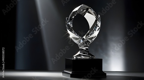 Crystal trophy with light reflecting through it and a ribbon 
