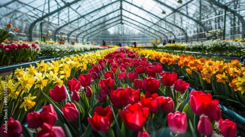Brightly colored tulips and daffodils fill a greenhouse, showcasing an array of blossoms in vibrant hues.