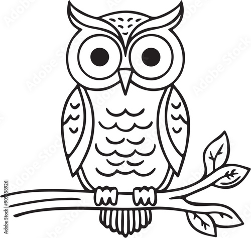 A black and white drawing of an owl on a branch with white background photo